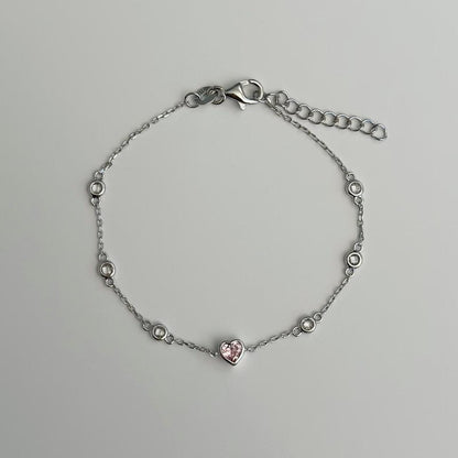 Silver pink gem heart bracelet