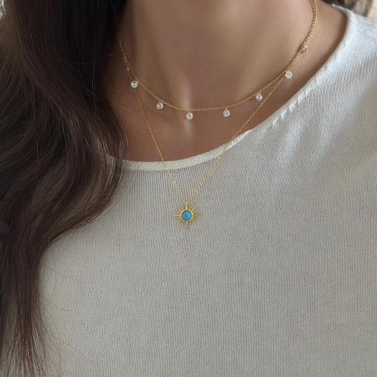 Gold blue opal sun necklace