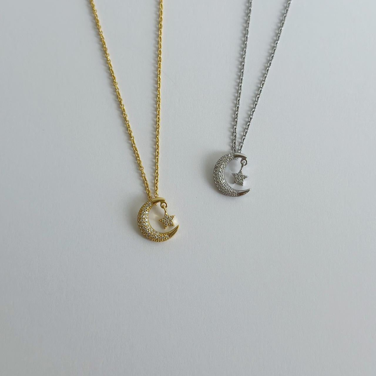 Silver moon & star pave necklace