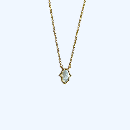 Gold mother of pearl hamsa hand necklace