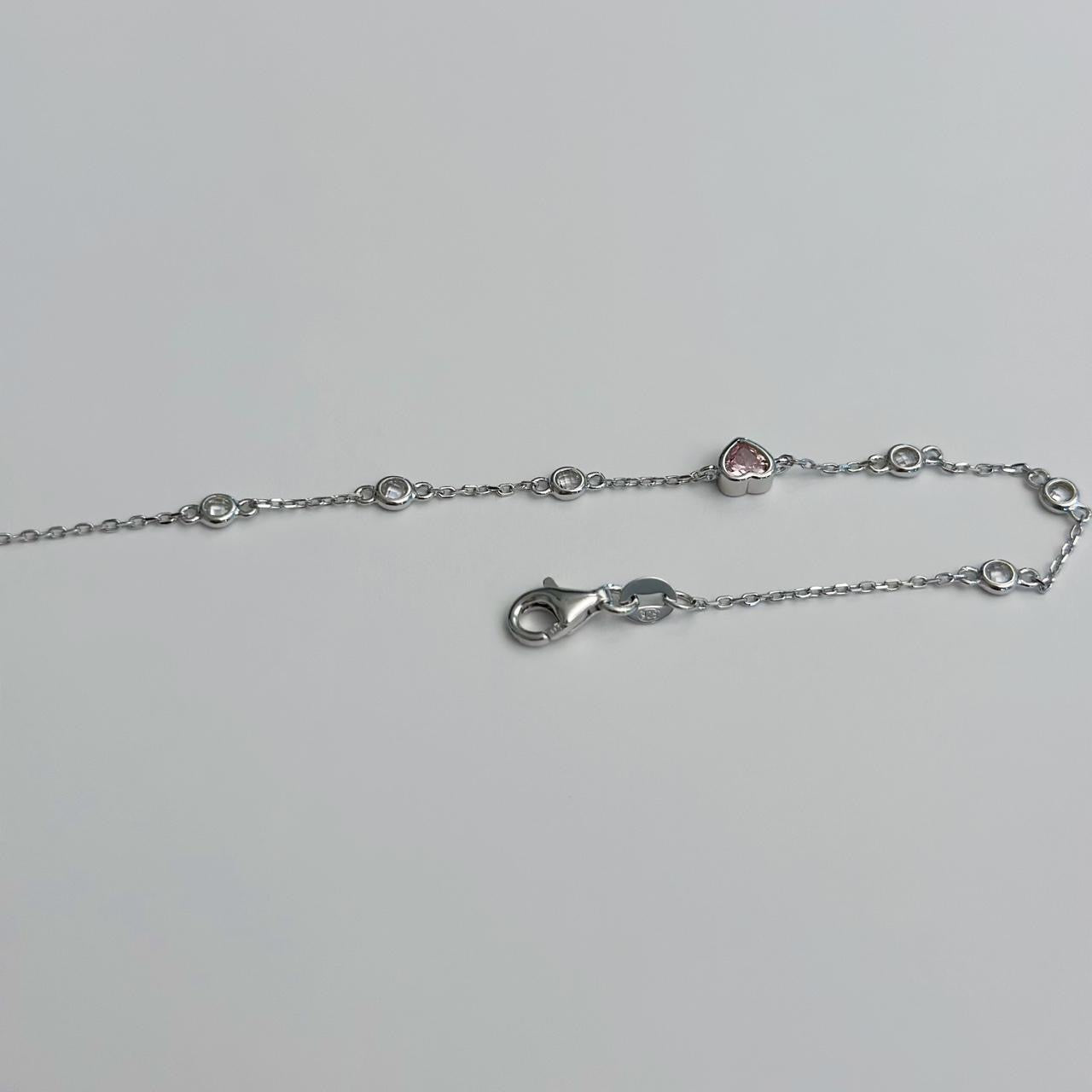 Silver pink gem heart bracelet