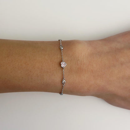 Silver pink gem heart bracelet