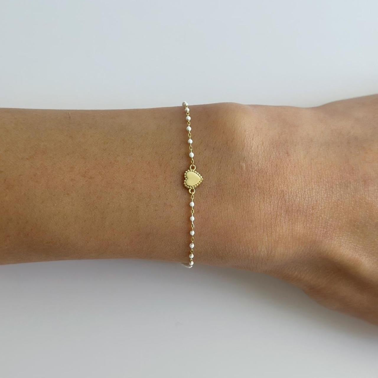 Gold white enamel bead heart bracelet