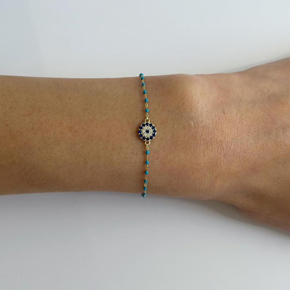 Gold pave evil eye turquoise enamel bracelet