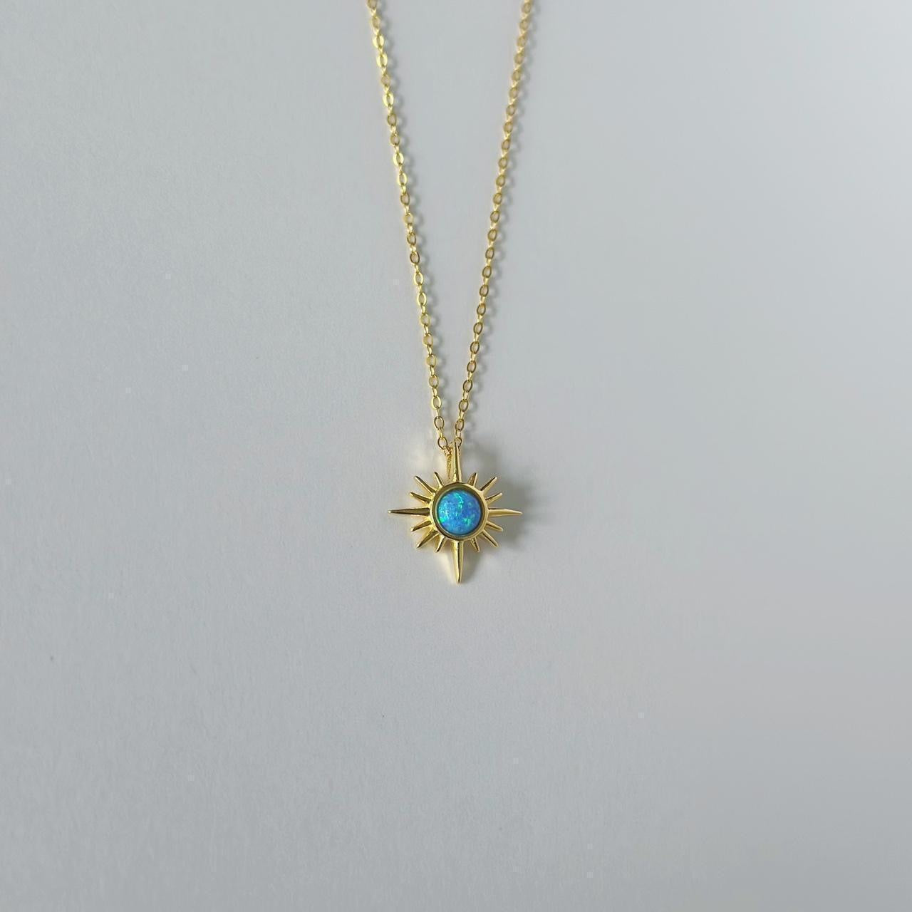 Gold blue opal sun necklace