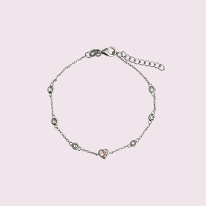 Silver pink gem heart bracelet