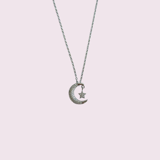 Silver moon & star pave necklace