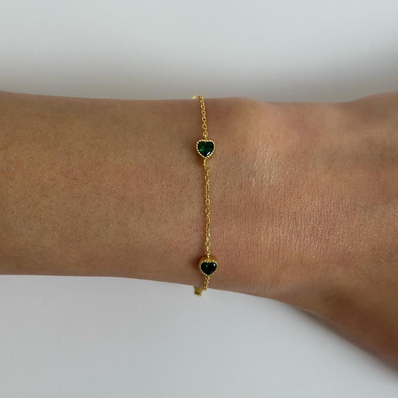 Gold dainty green gem heart bracelet