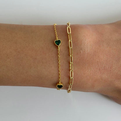 Gold dainty green gem heart bracelet